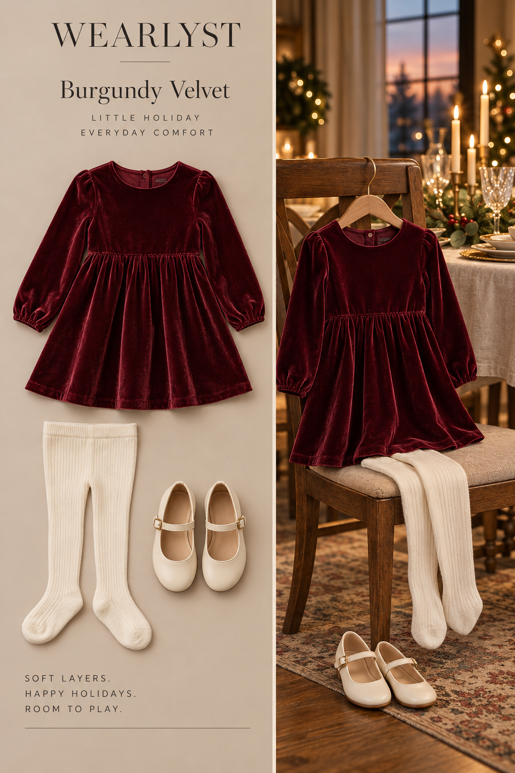 Burgundy velvet dress with cream tights and strap shoes