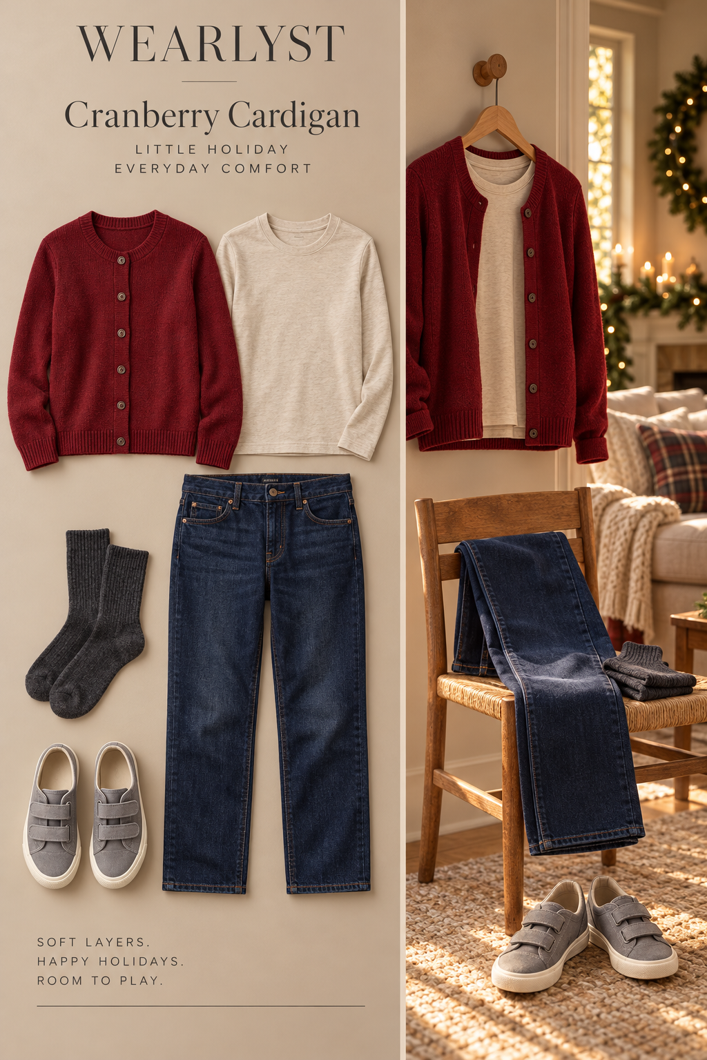 Cranberry cardigan with an oatmeal tee, indigo jeans, and gray sneakers