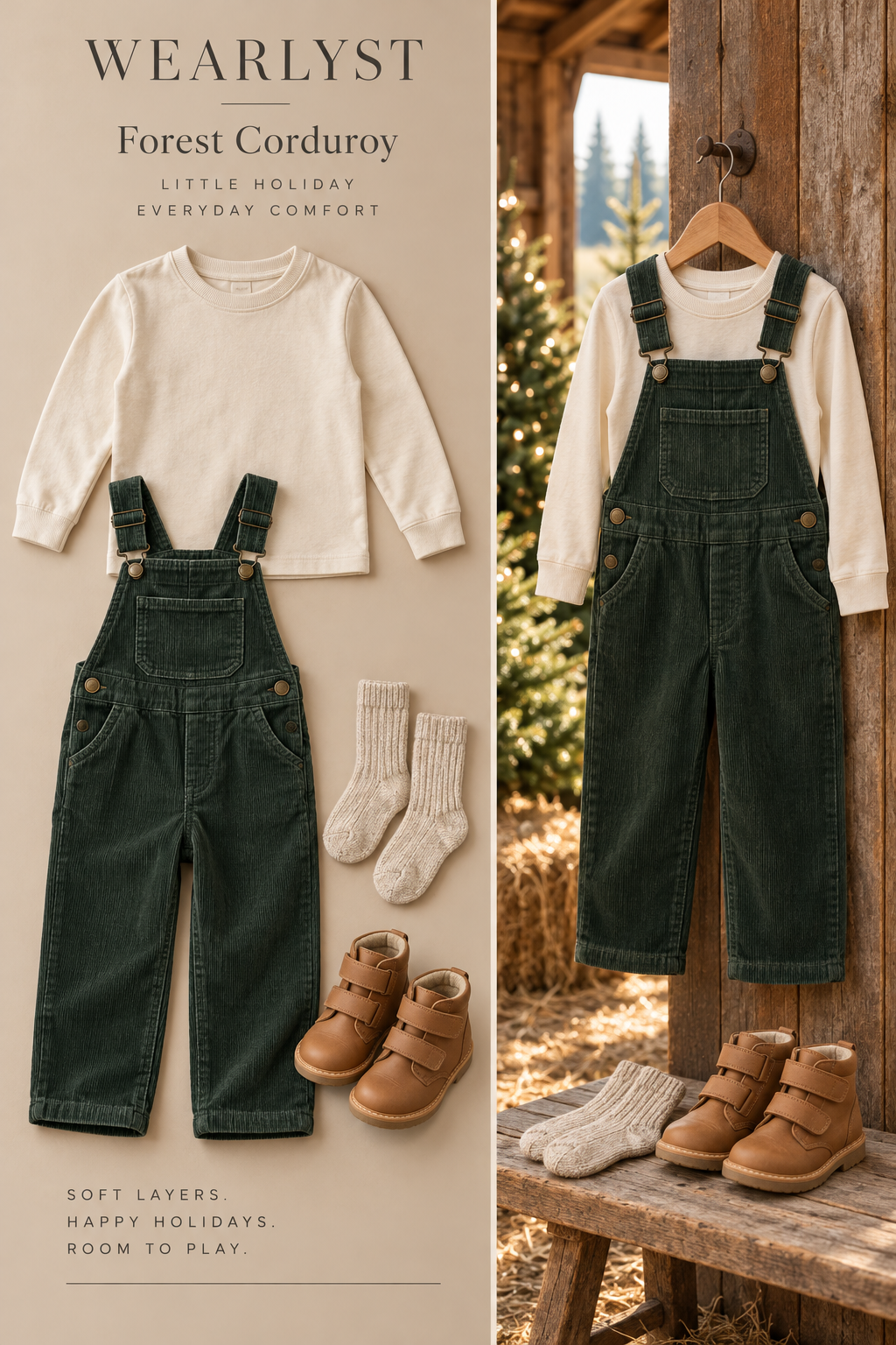 Green corduroy overalls with a cream tee and tan ankle boots