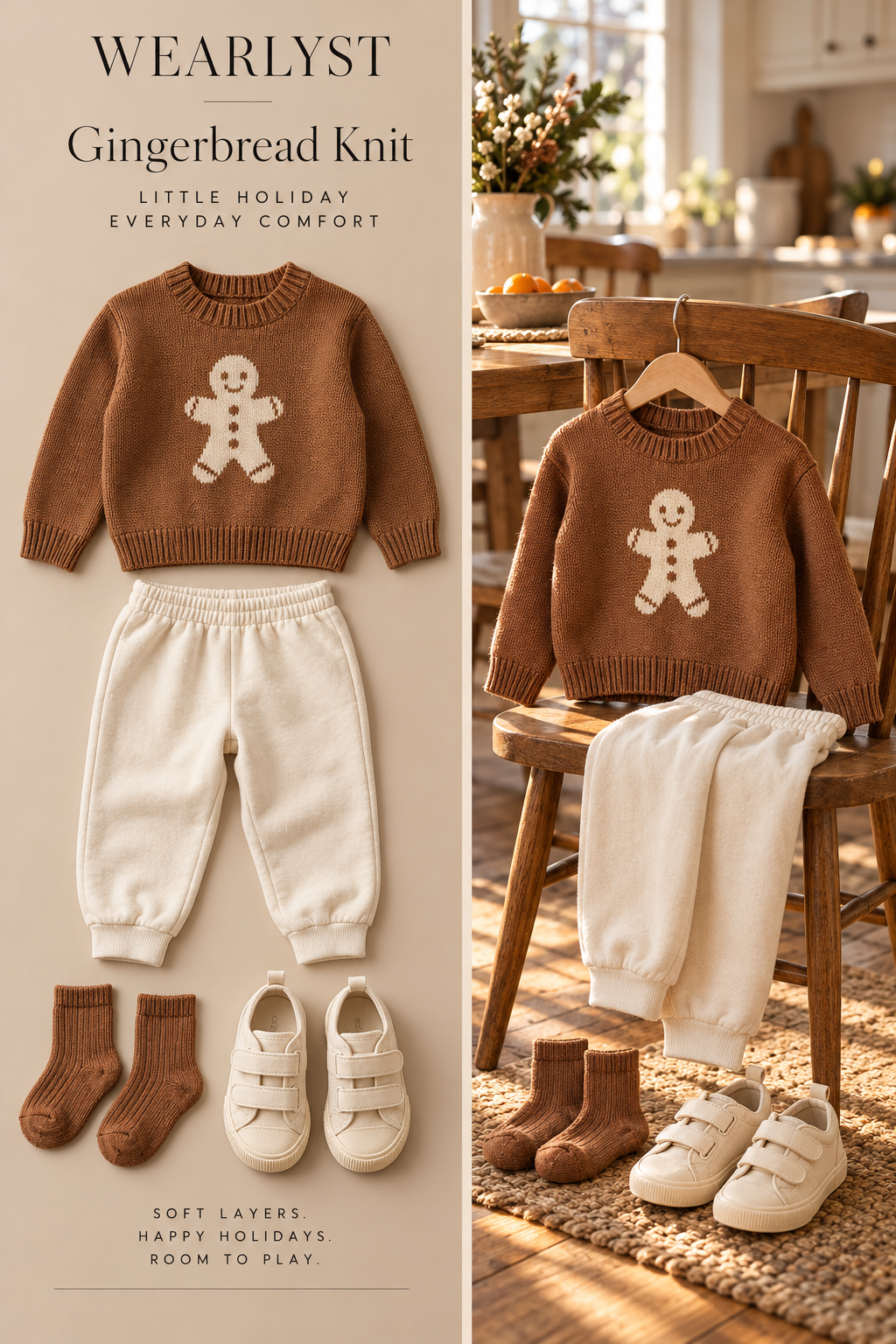 Caramel gingerbread sweater with ivory joggers and cream sneakers