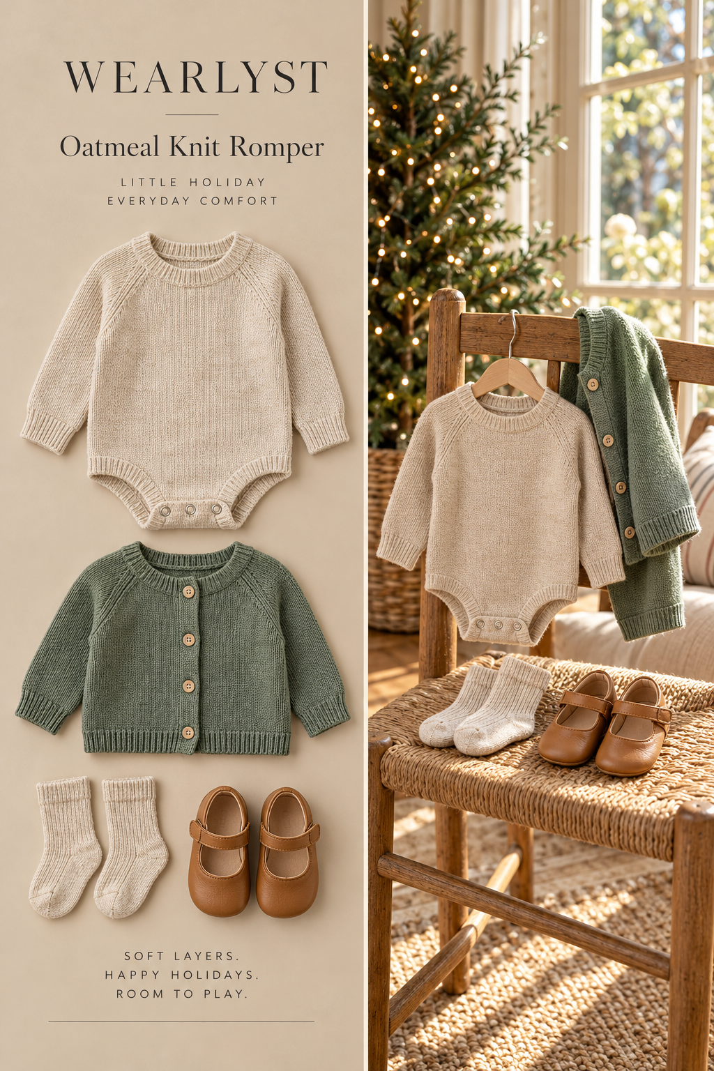 Oatmeal knit romper with a sage cardigan and tan leather shoes