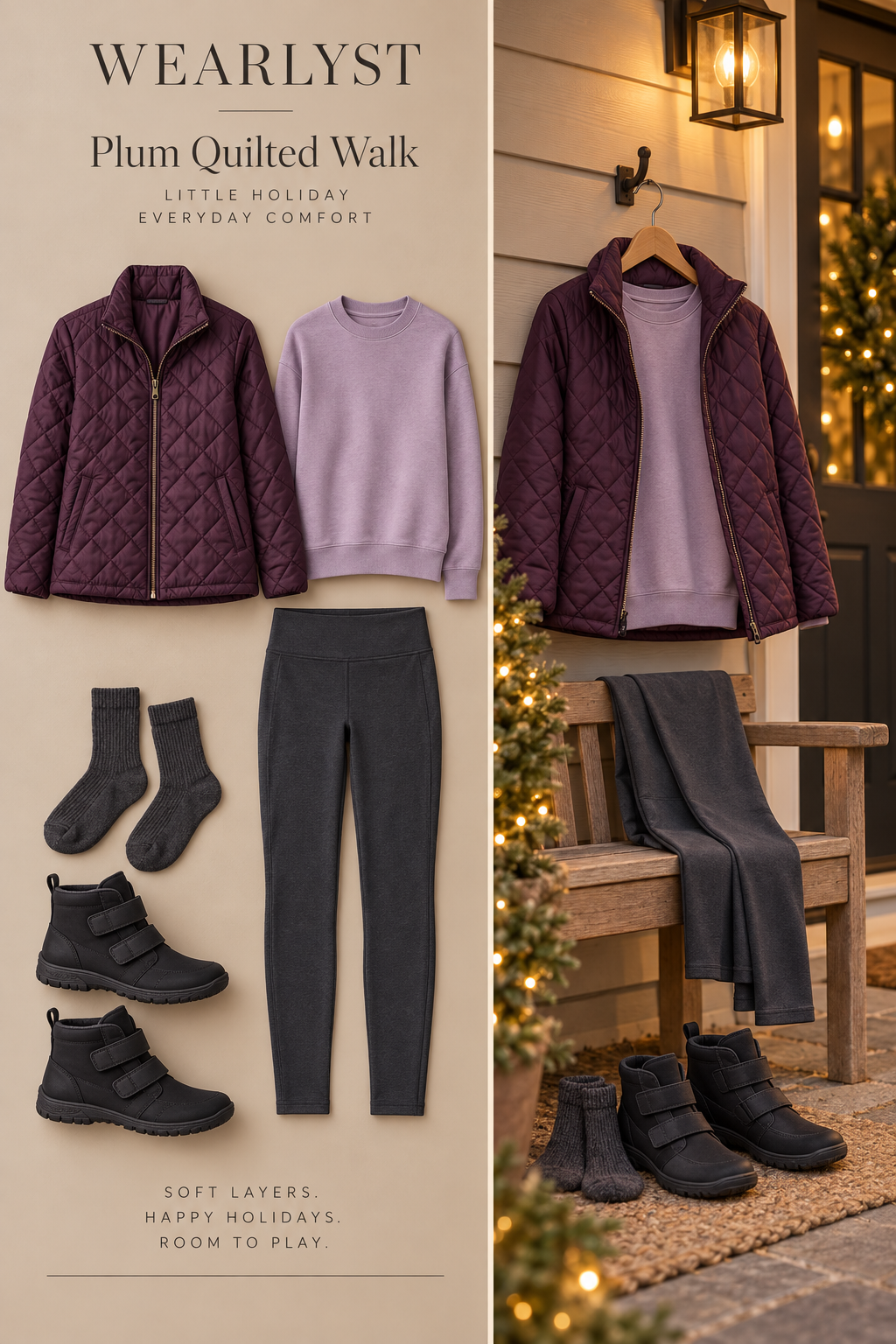 Plum quilted jacket with a lilac sweatshirt, charcoal leggings, and black boots