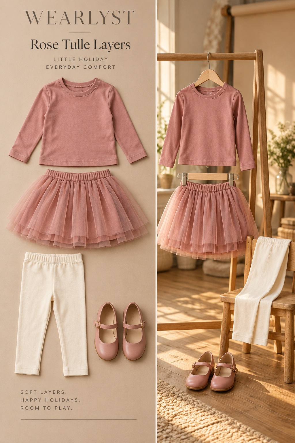 Rose top and lined tulle skirt with ivory leggings and rose shoes