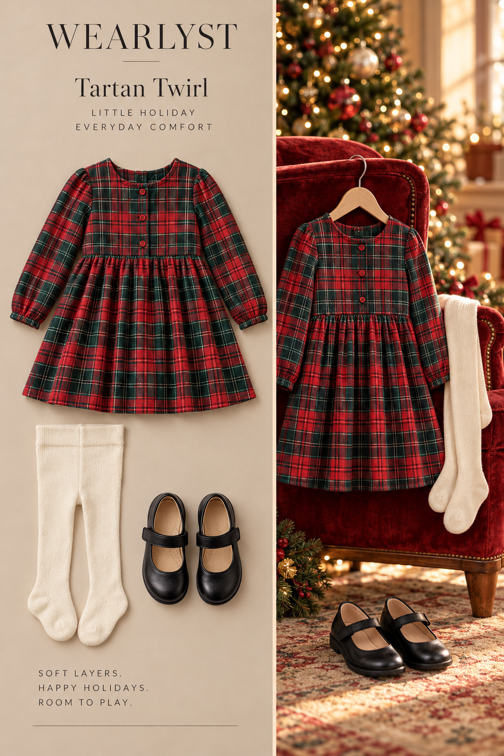 Tartan dress with ivory tights and black Mary Janes