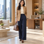 Wanita mengenakan blazer camel, atasan rajut ivory, celana navy, dan loafers di kantor modern