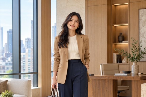 Wanita mengenakan blazer camel, atasan rajut ivory, celana navy, dan loafers di kantor modern