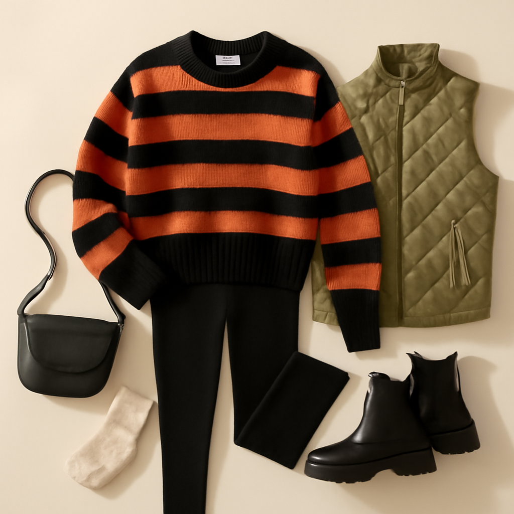 Trick-or-Treat Cozy Halloween outfit: black and orange striped sweater with leggings, quilted vest and lug-sole boots