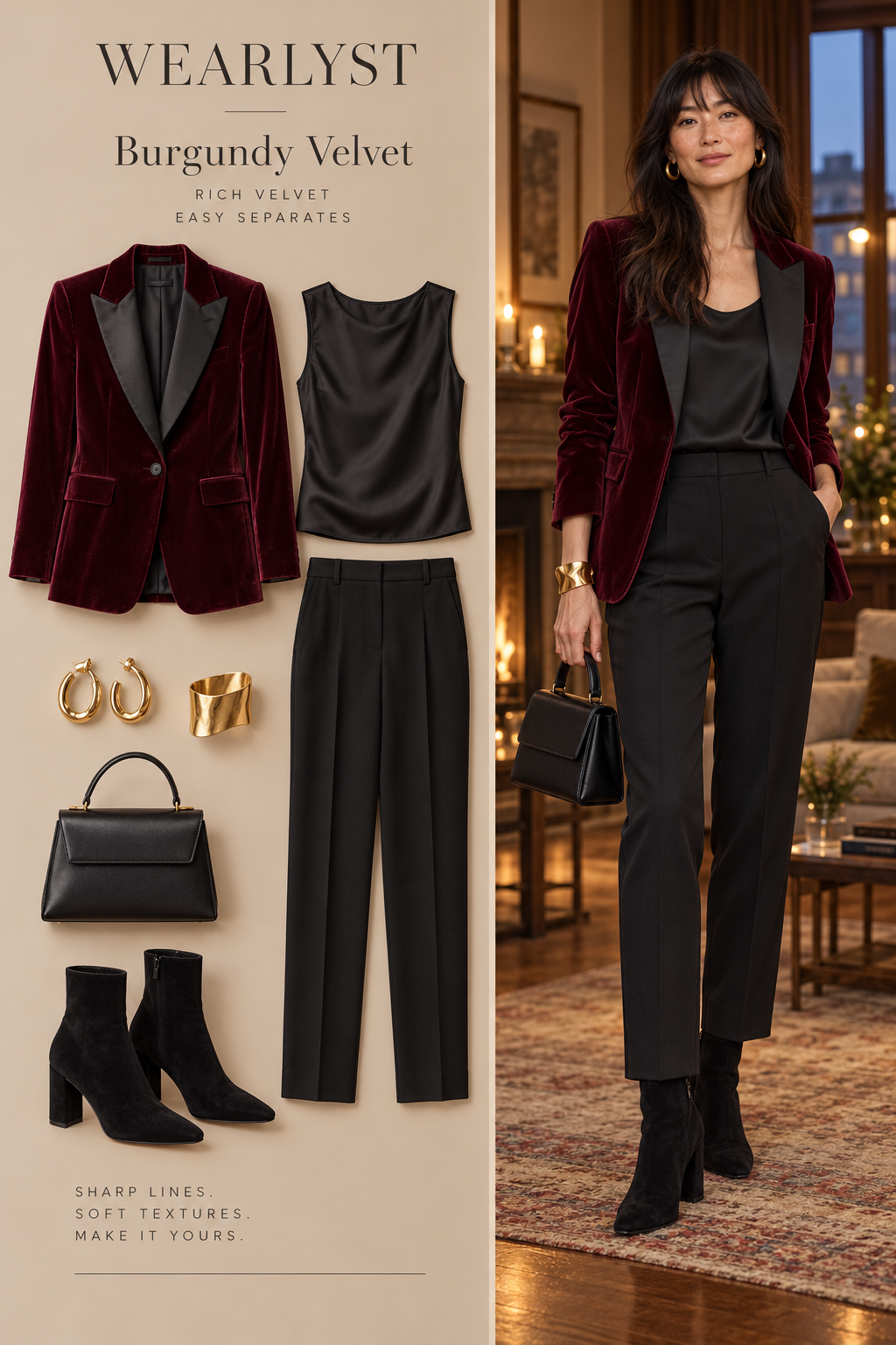 Burgundy Velvet with tailored evening pieces