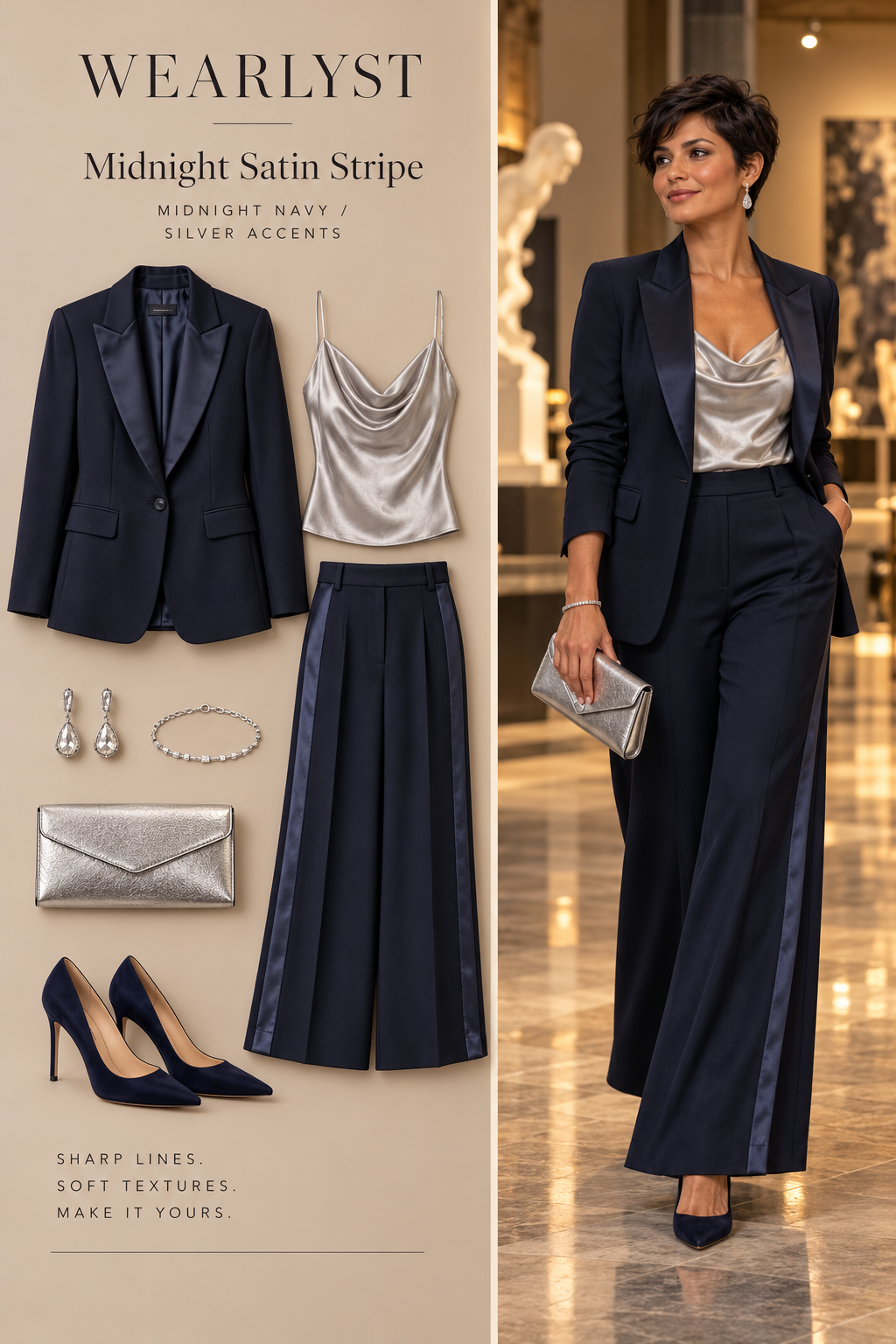 Midnight Satin Stripe with tailored evening pieces