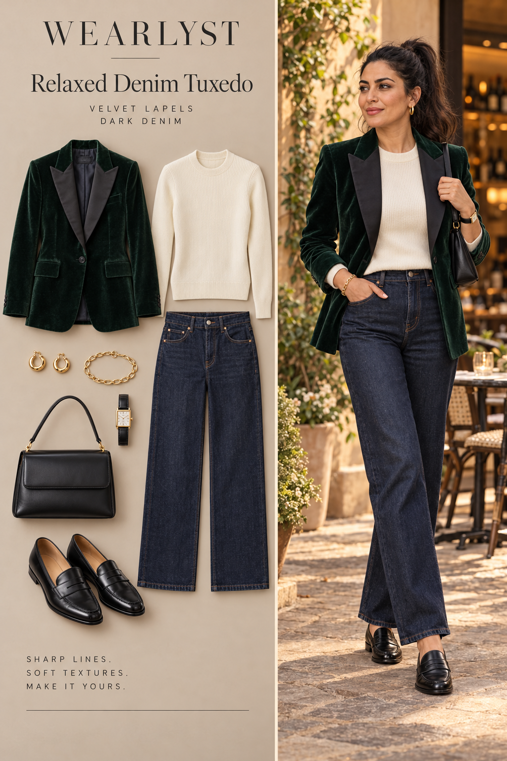 Relaxed Denim Tuxedo with dark jeans and loafers