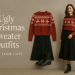 Woman in a red Fair Isle Christmas sweater with a black skirt and boots