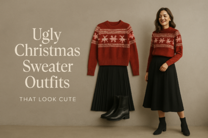 Woman in a red Fair Isle Christmas sweater with a black skirt and boots
