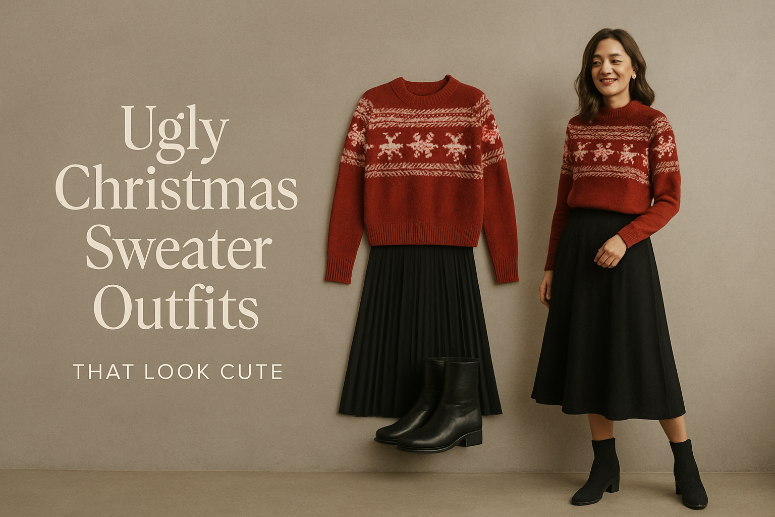 Woman in a red Fair Isle Christmas sweater with a black skirt and boots