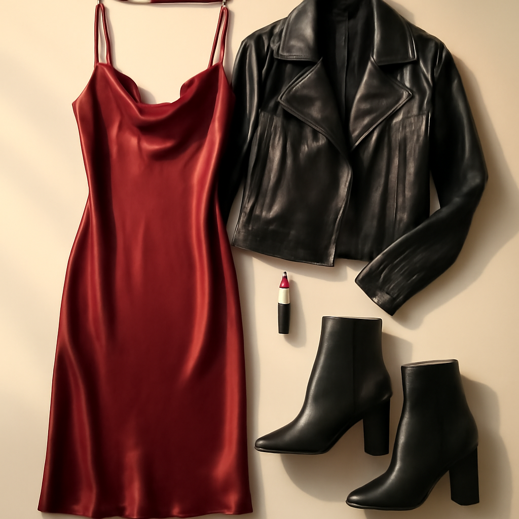 Vampire Night Out Halloween outfit: deep red satin slip dress with black faux leather jacket, heeled boots and velvet choker