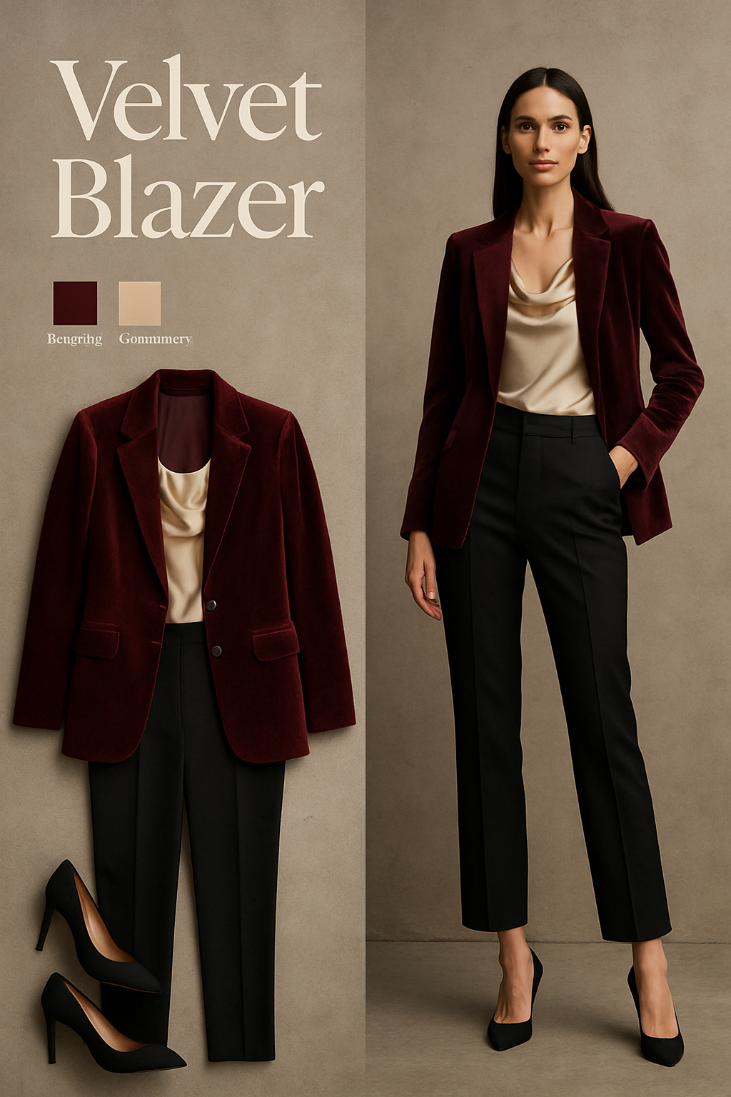 Burgundy velvet blazer with a champagne satin blouse and black trousers