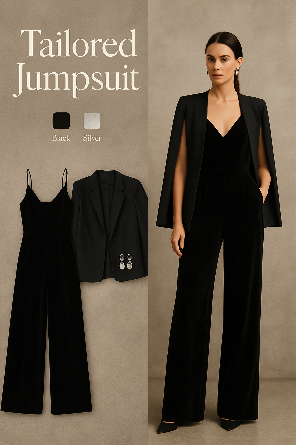 Black velvet wide-leg jumpsuit with a cape blazer