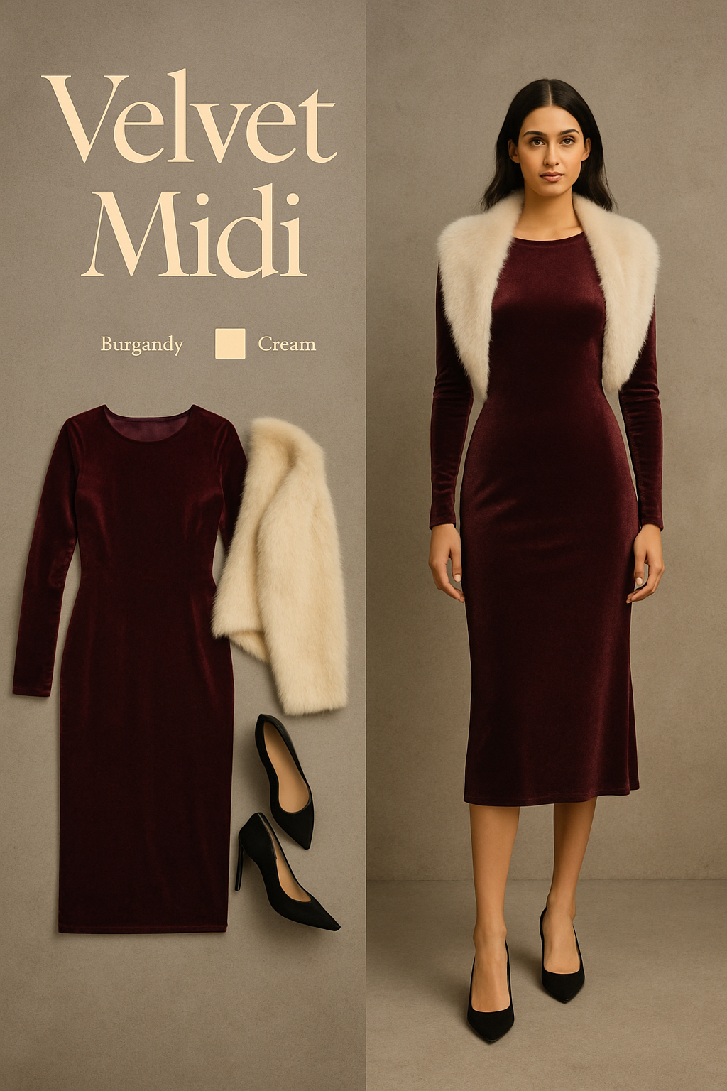 Burgundy velvet midi dress with a cream faux fur stole