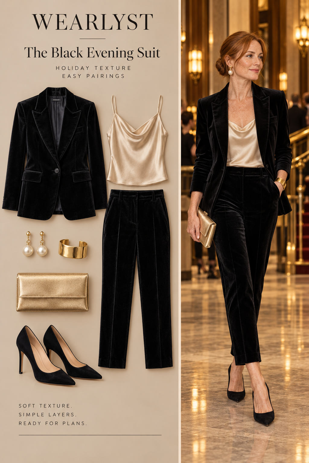 black velvet single-breasted blazer, matching black velvet tailored ankle trousers, champagne silk camisole