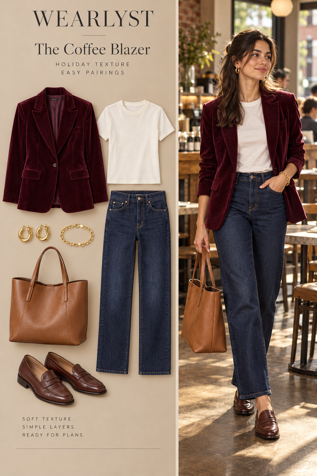 burgundy cotton-velvet blazer, ivory cotton crewneck T-shirt, dark-indigo straight-leg jeans