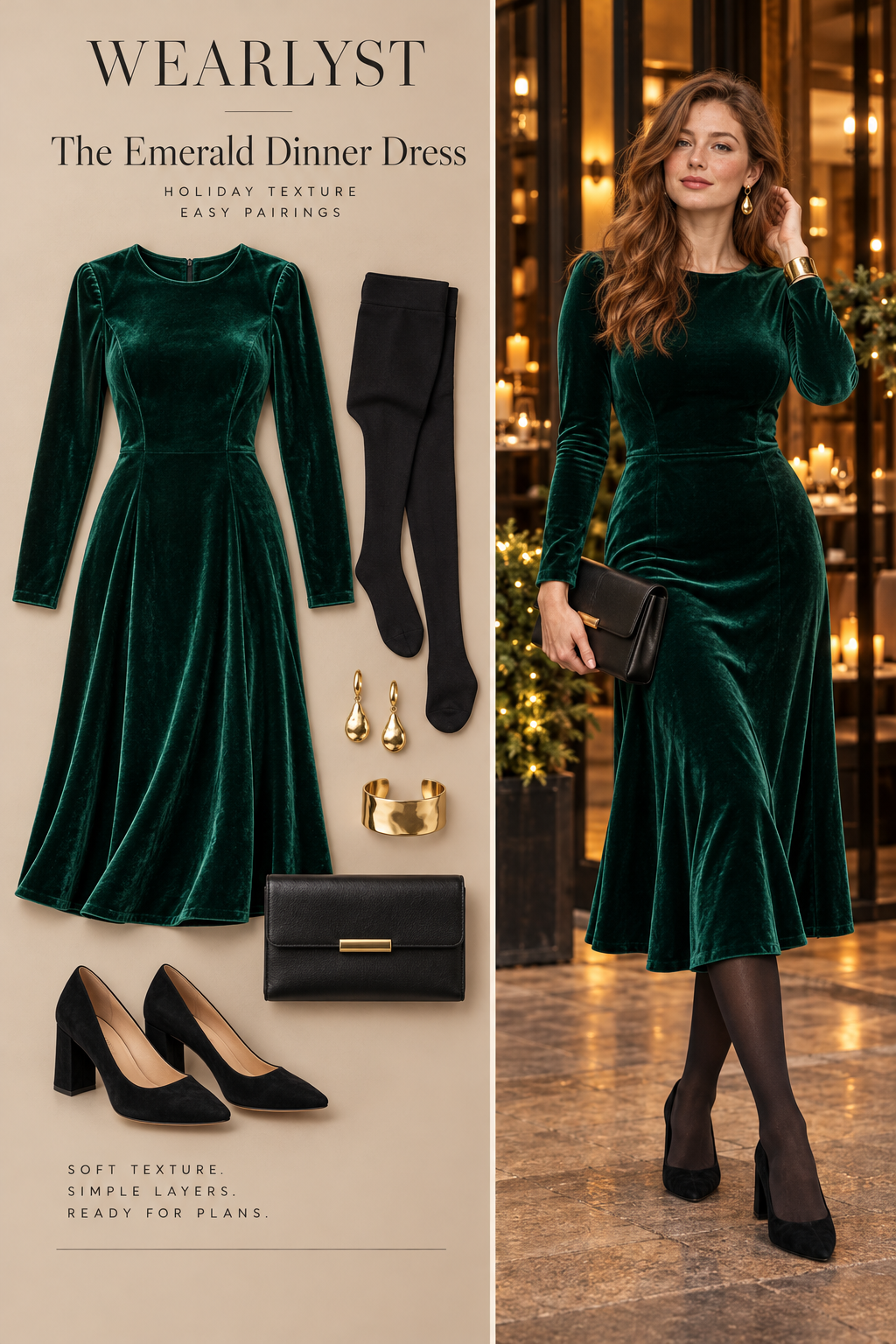 emerald stretch-velvet long-sleeve midi dress, black opaque tights, gold drop earrings