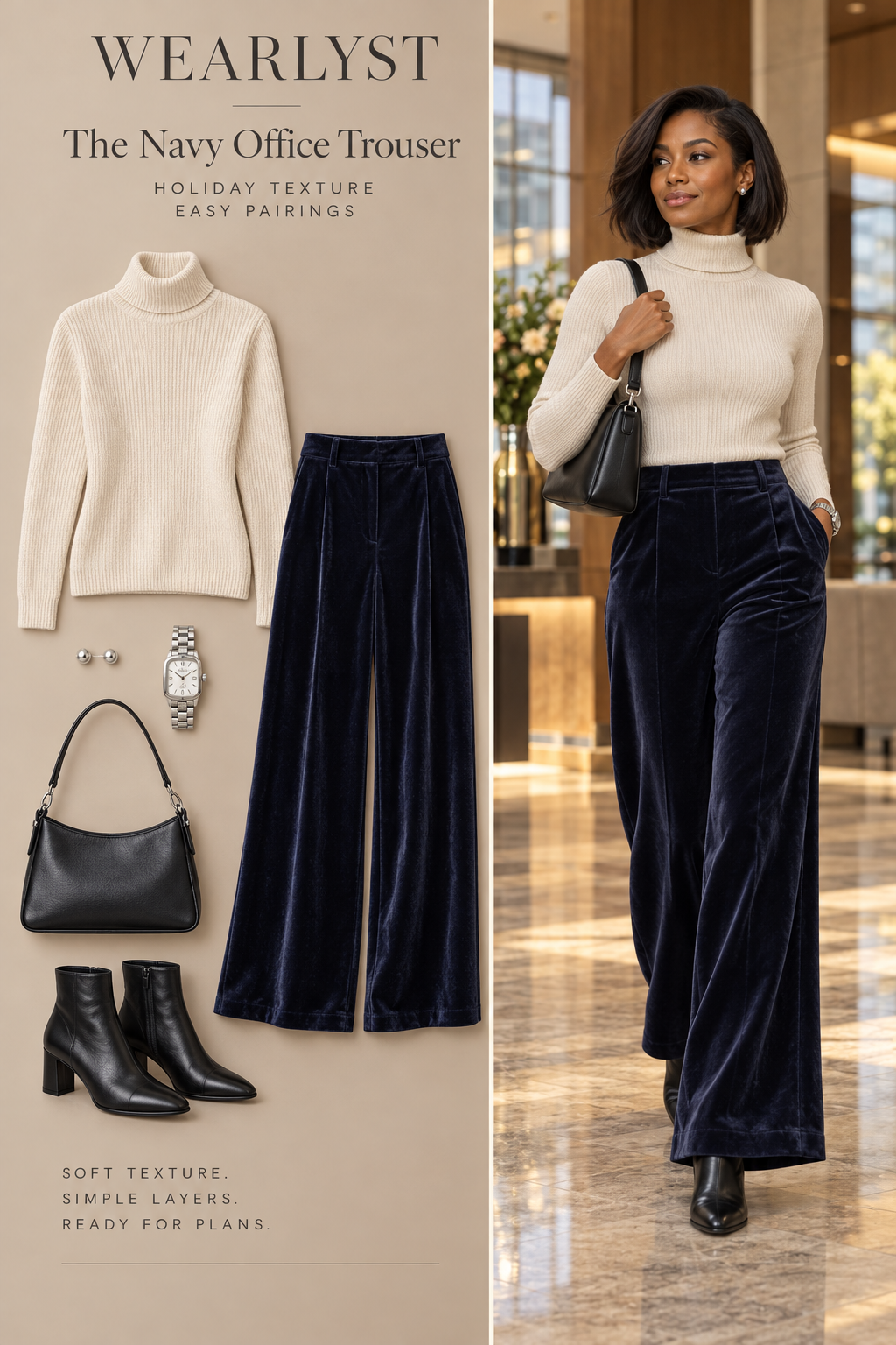 navy velvet wide-leg trousers, cream merino-wool turtleneck, silver stud earrings