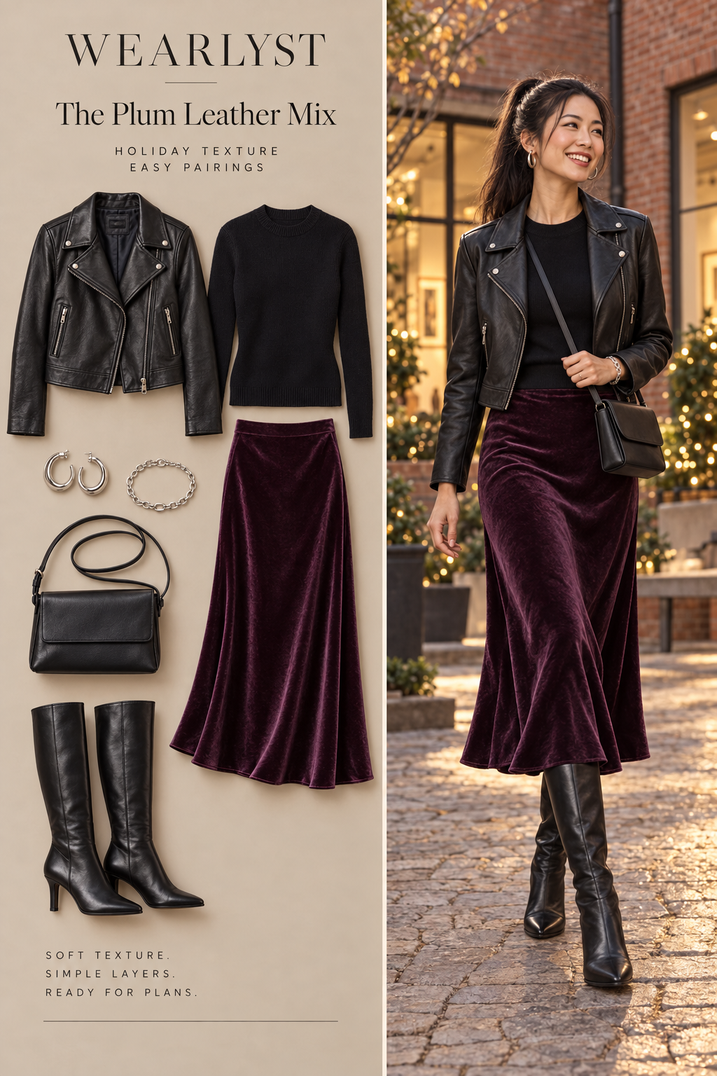 plum velvet bias-cut midi skirt, black fine-gauge cotton crewneck sweater, black leather cropped jacket