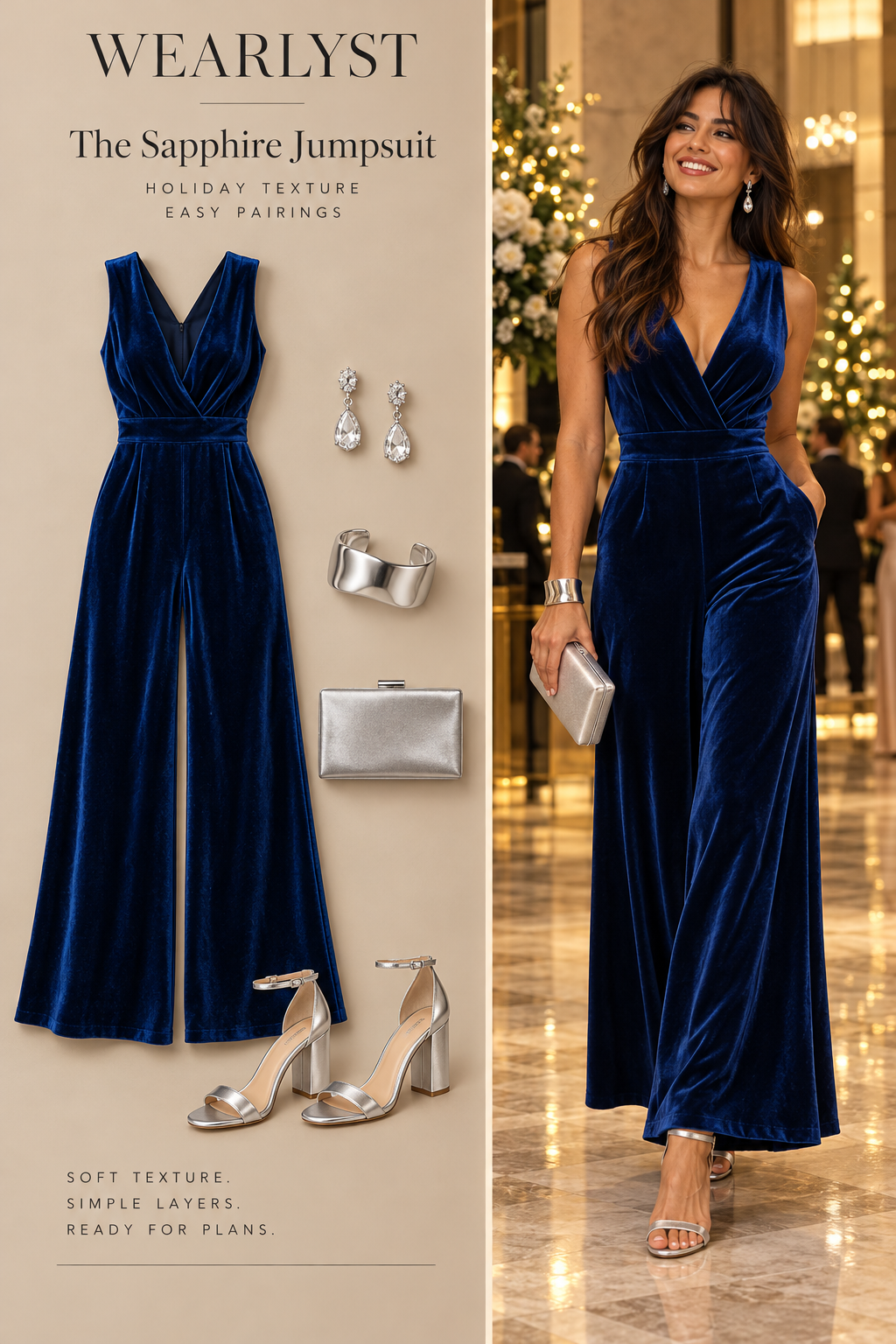sapphire velvet wide-leg sleeveless jumpsuit, silver drop earrings, silver cuff bracelet