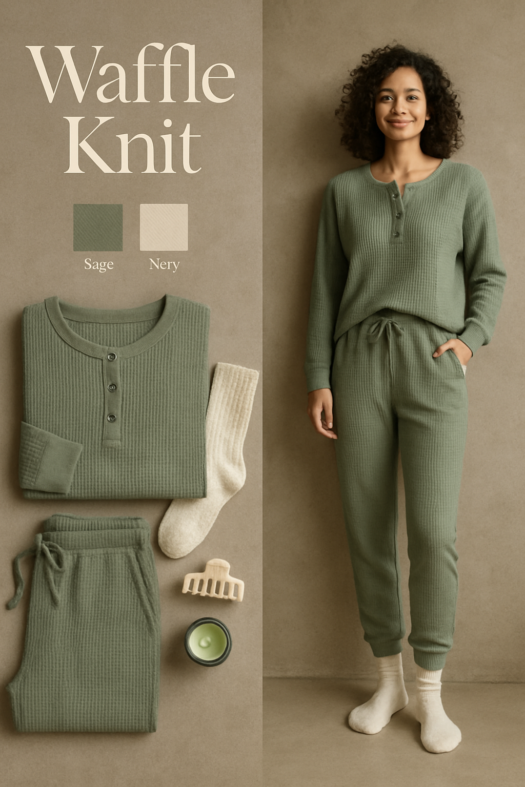 Sage green waffle knit lounge pajamas for women