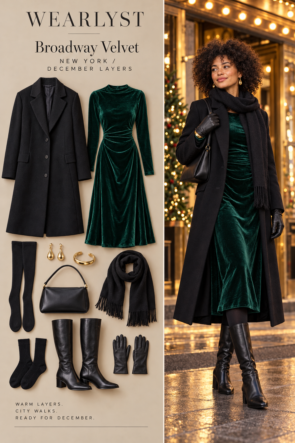 Broadway Velvet winter outfit with warm layers and practical boots for New York in December