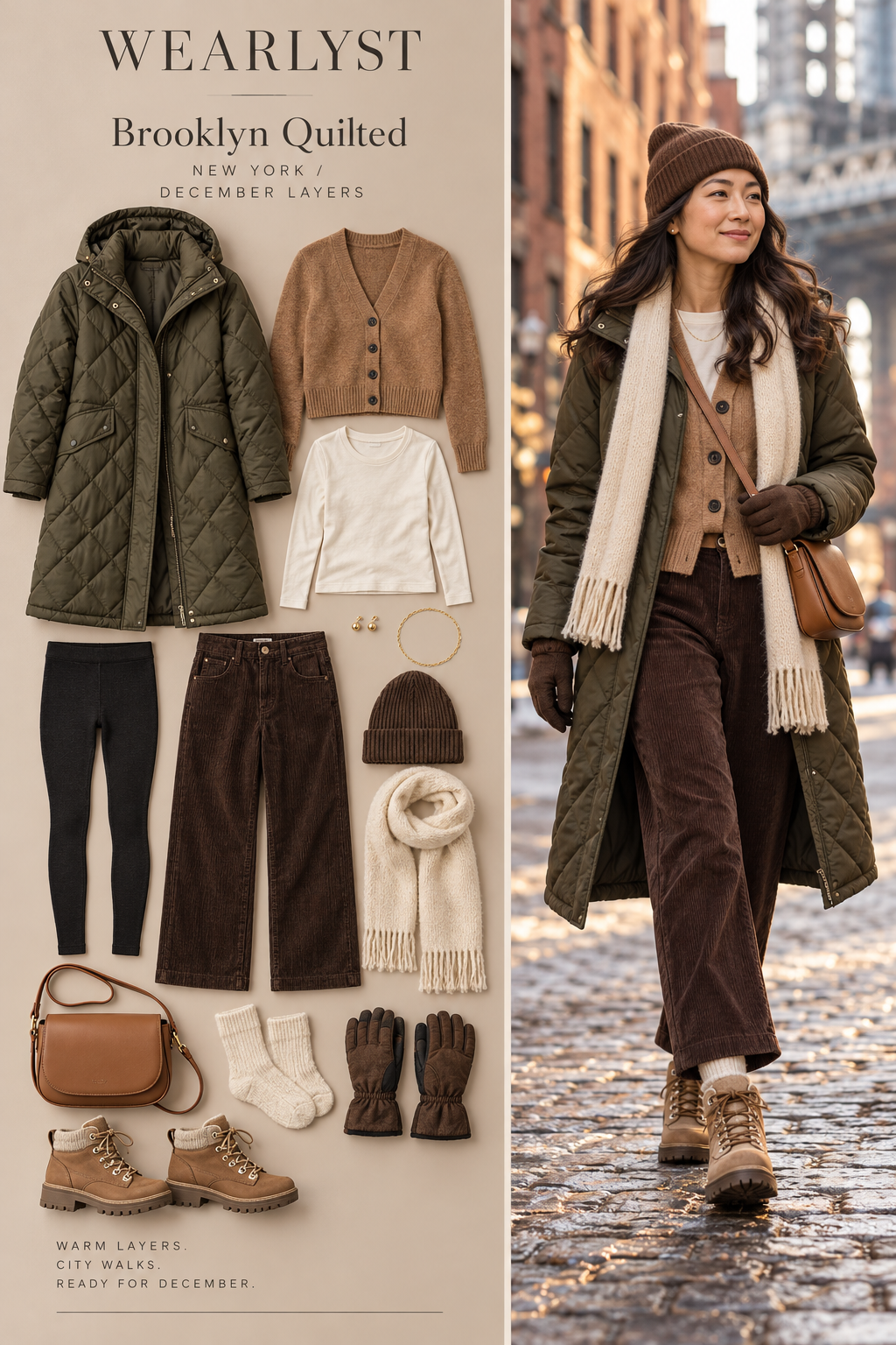 Brooklyn Quilted winter outfit with warm layers and practical boots for New York in December