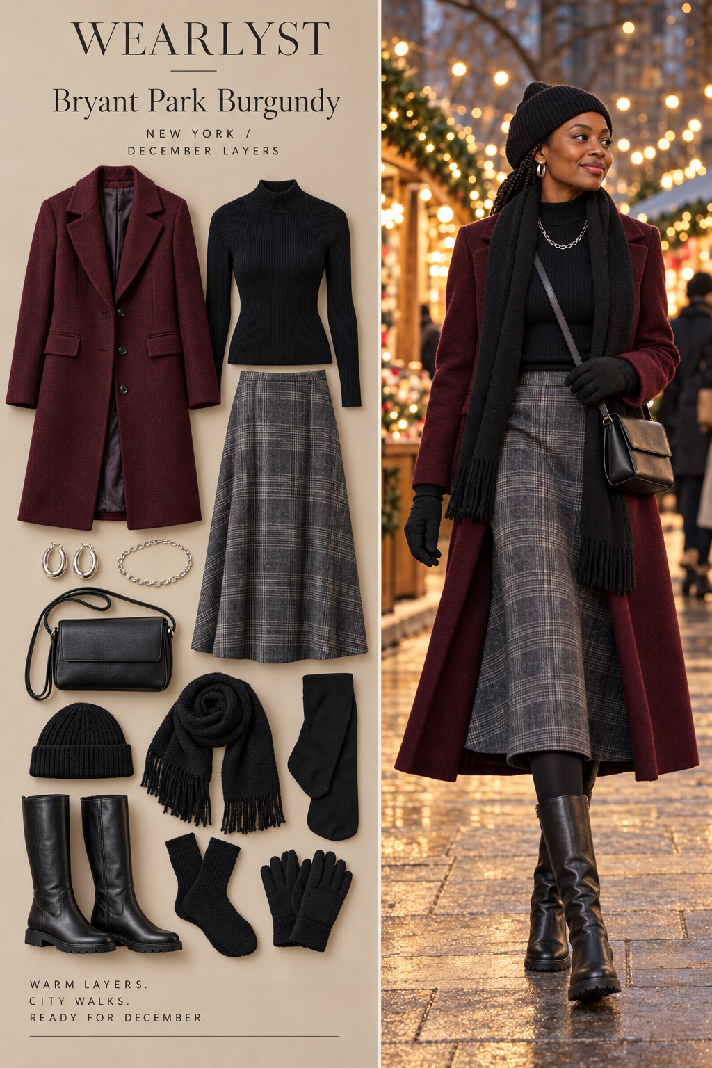 Bryant Park Burgundy winter outfit with warm layers and practical boots for New York in December