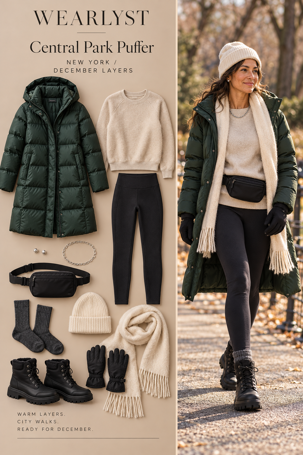 Central Park Puffer winter outfit with warm layers and practical boots for New York in December