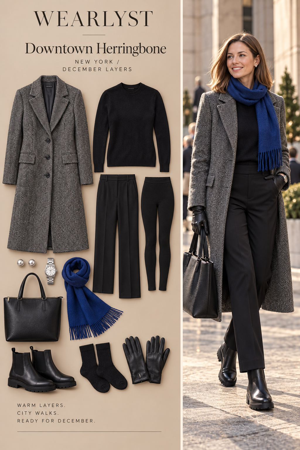 Downtown Herringbone winter outfit with warm layers and practical boots for New York in December