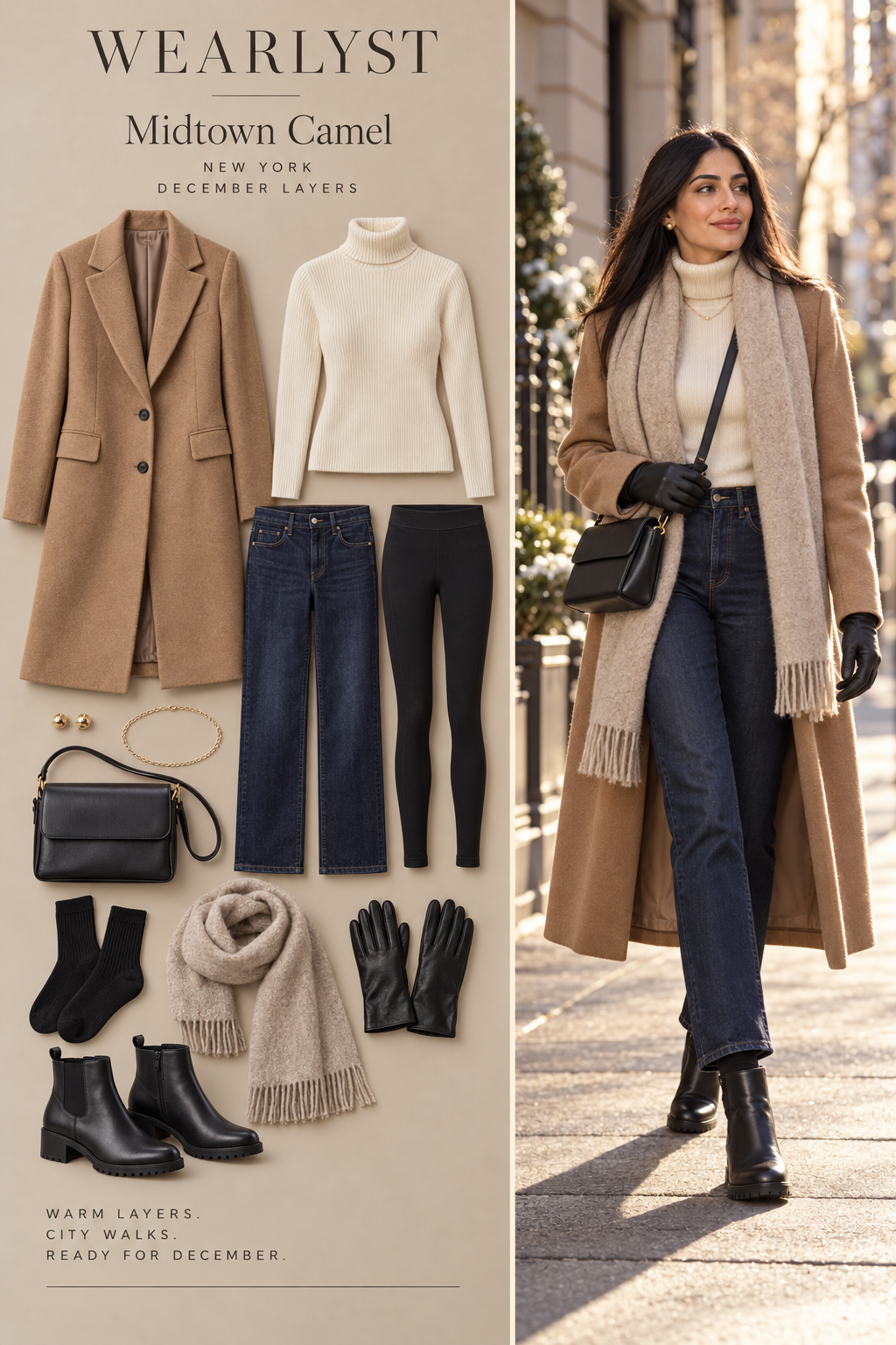Midtown Camel winter outfit with warm layers and practical boots for New York in December
