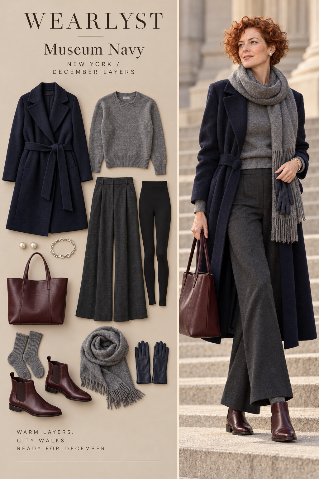 Museum Navy winter outfit with warm layers and practical boots for New York in December
