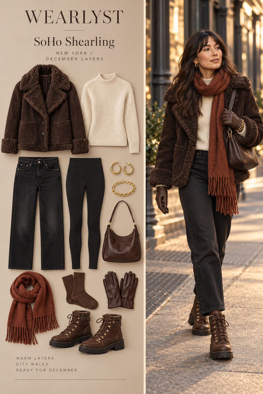 SoHo Shearling winter outfit with warm layers and practical boots for New York in December