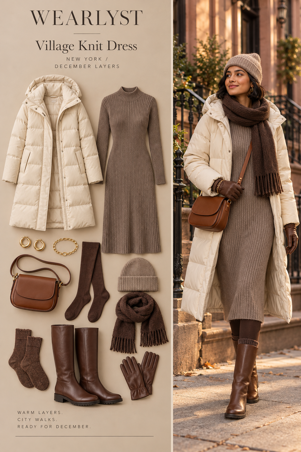 Village Knit Dress winter outfit with warm layers and practical boots for New York in December