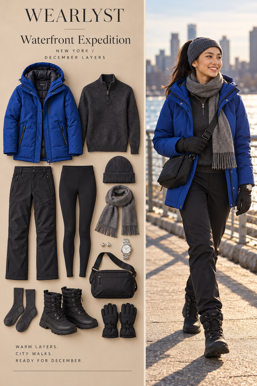 Waterfront Expedition winter outfit with warm layers and practical boots for New York in December