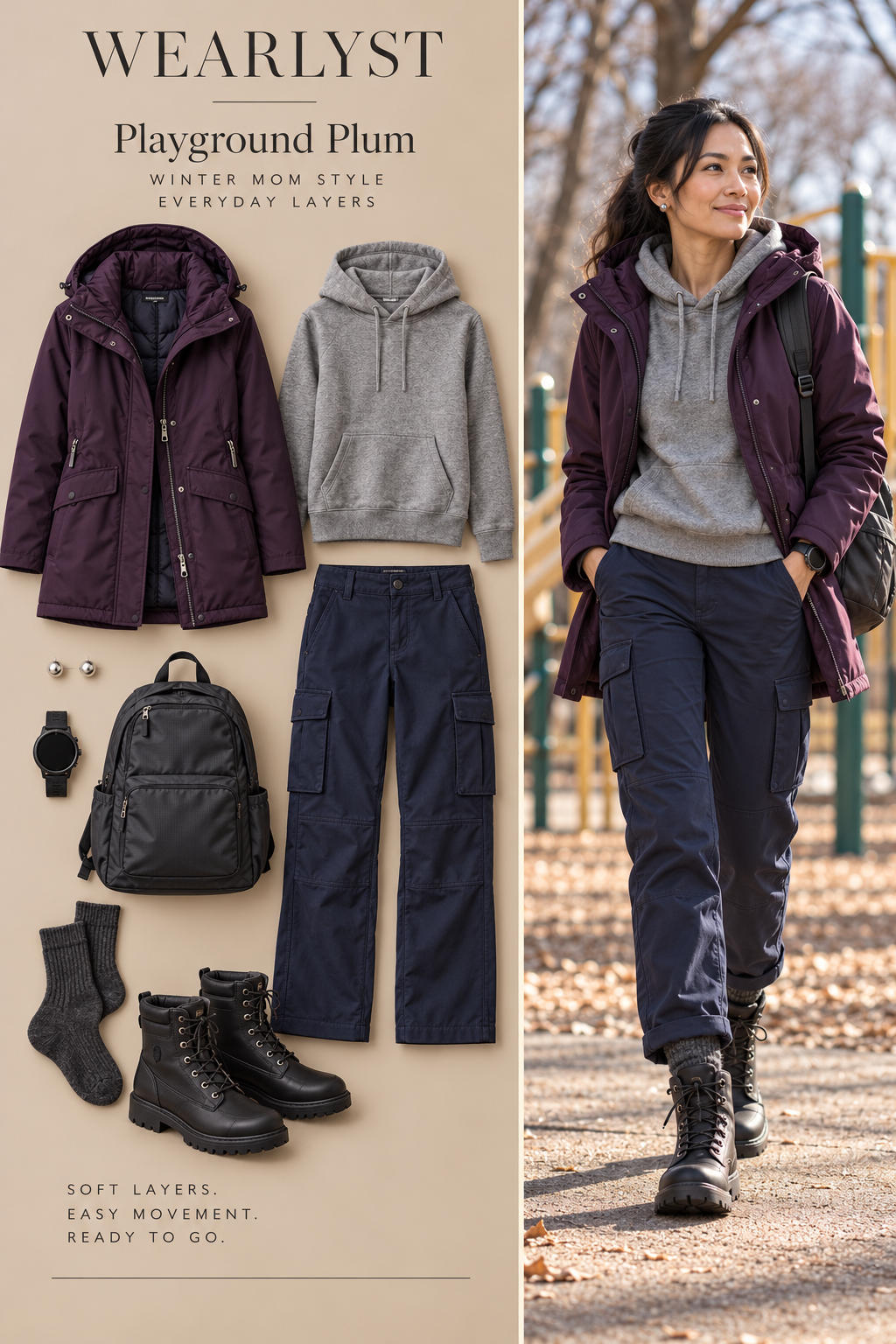 plum insulated nylon parka, gray cotton fleece hoodie, navy stretch-cotton cargo pants