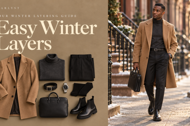 Winter outfits for men with an overcoat, knitwear, and boots