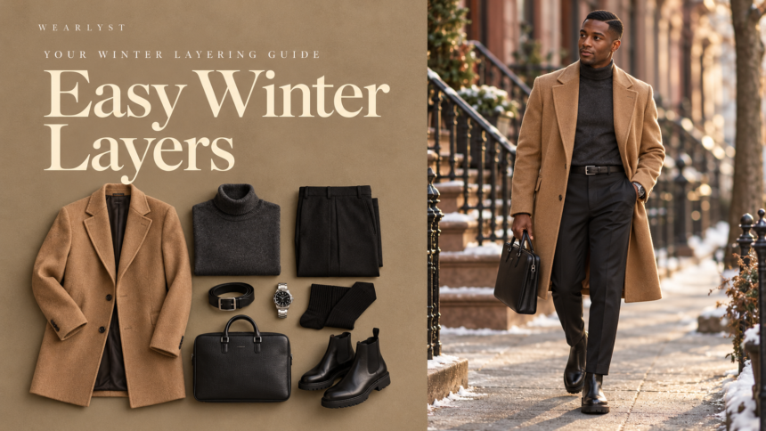Winter outfits for men with an overcoat, knitwear, and boots