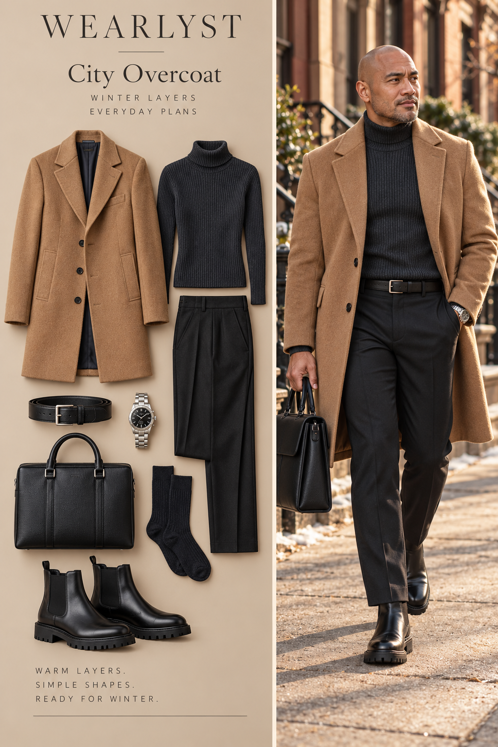 Men's city overcoat winter outfit with layered knitwear and practical shoes