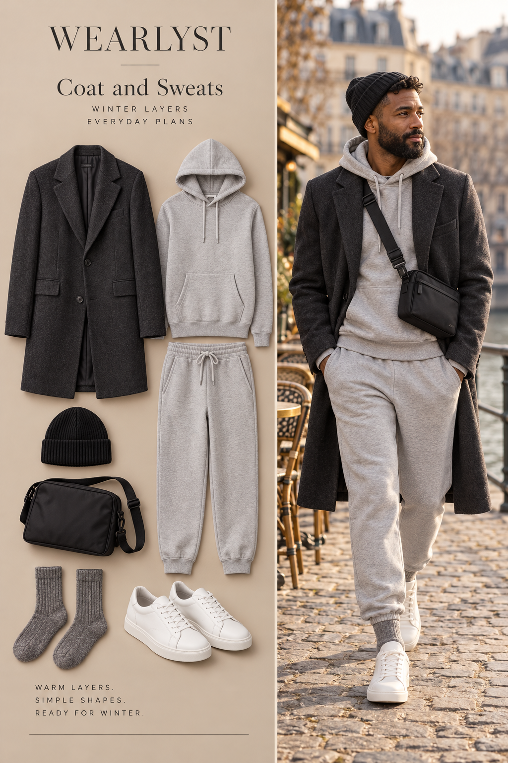 Men's coat and sweats winter outfit with layered knitwear and practical shoes