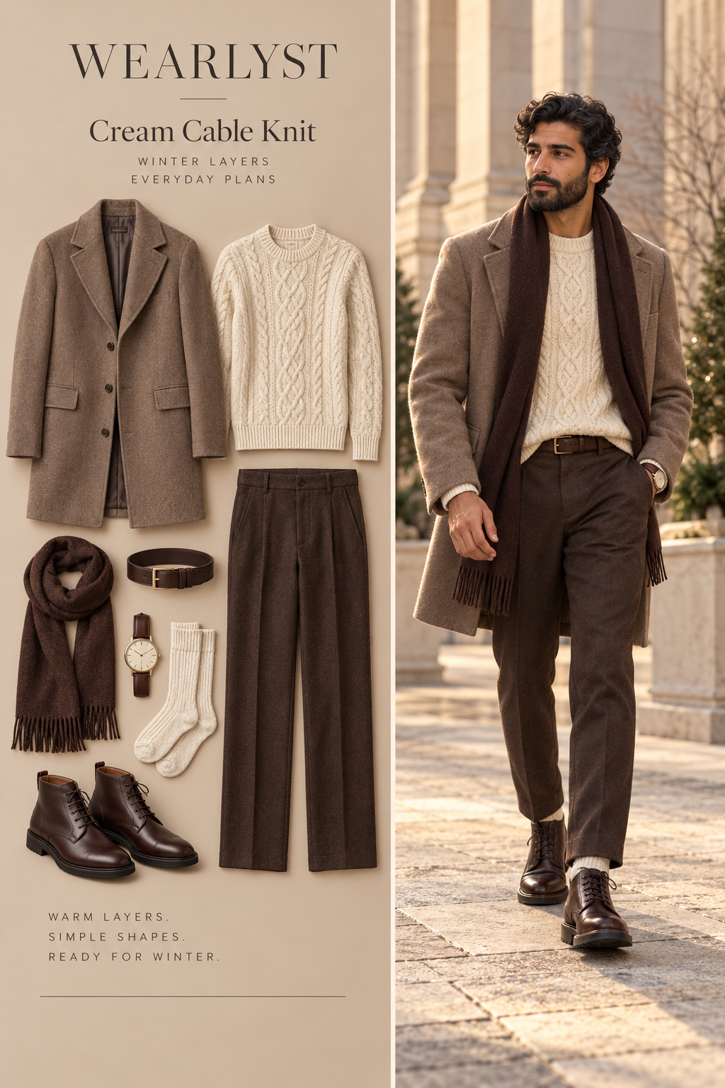 Men's cream cable knit winter outfit with layered knitwear and practical shoes