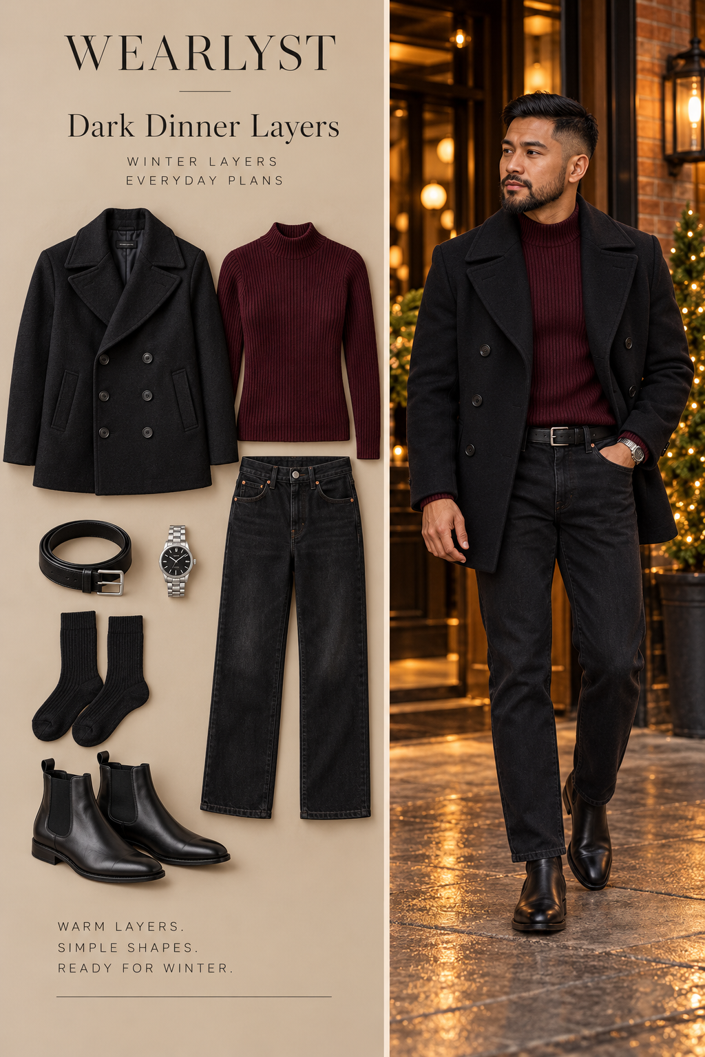 Men's dark dinner layers winter outfit with layered knitwear and practical shoes