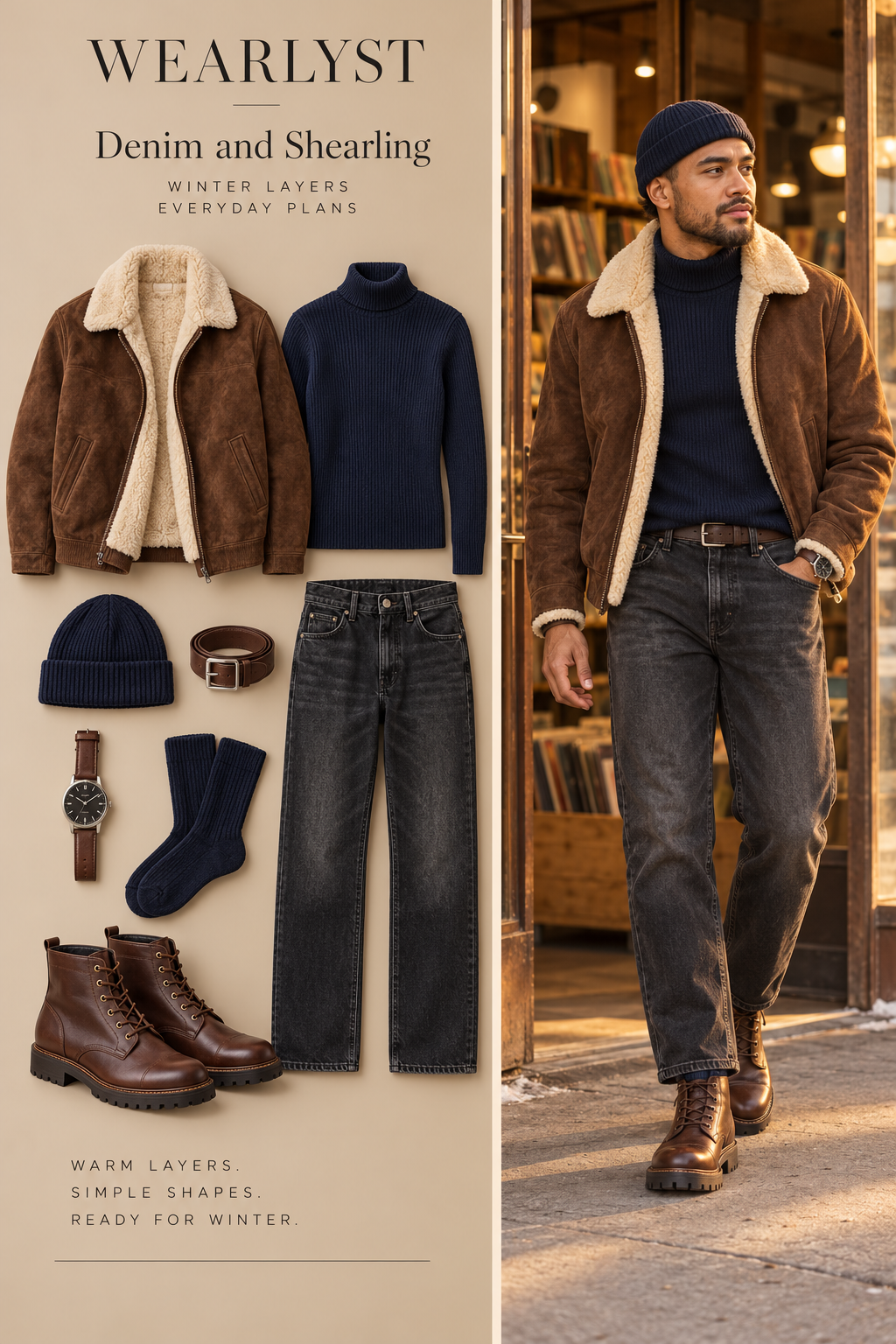 Men's denim and shearling winter outfit with layered knitwear and practical shoes