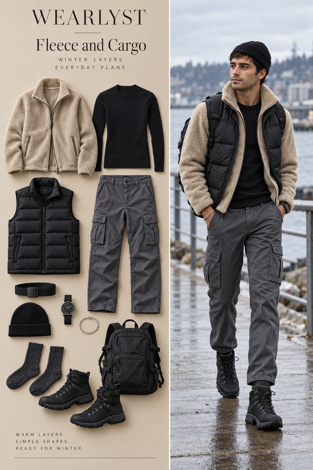 Men's fleece and cargo winter outfit with layered knitwear and practical shoes