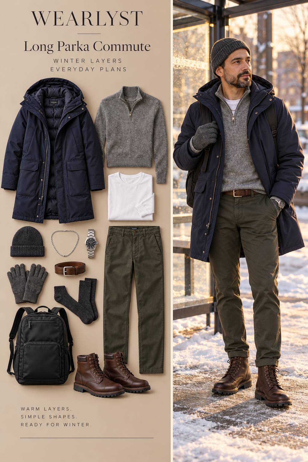 Men's long parka commute winter outfit with layered knitwear and practical shoes