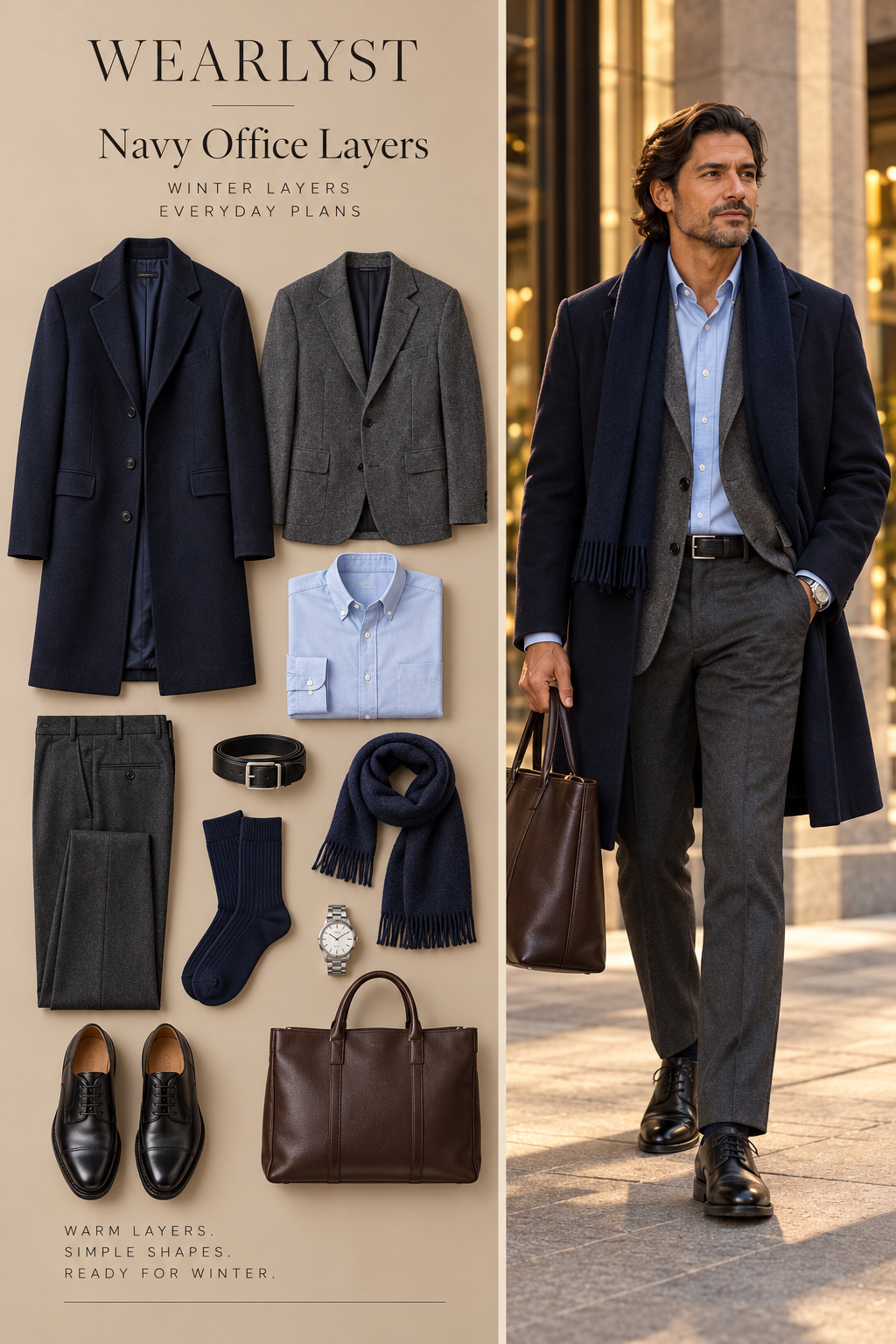 Men's navy office layers winter outfit with layered knitwear and practical shoes