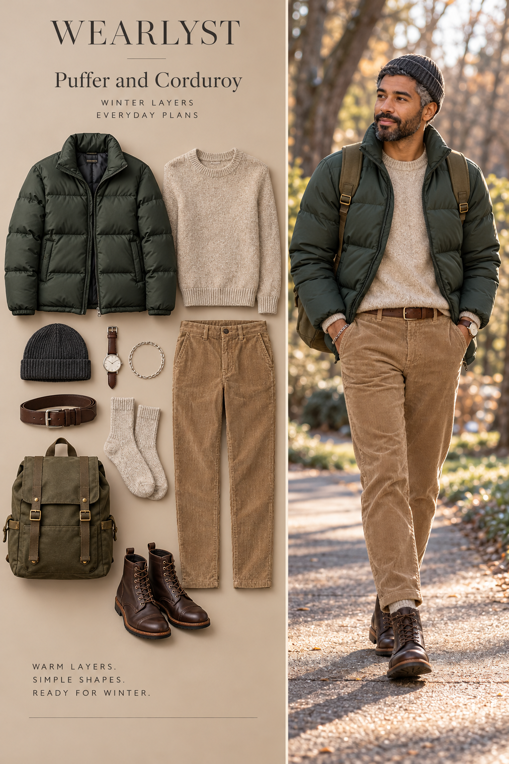 Men's puffer and corduroy winter outfit with layered knitwear and practical shoes